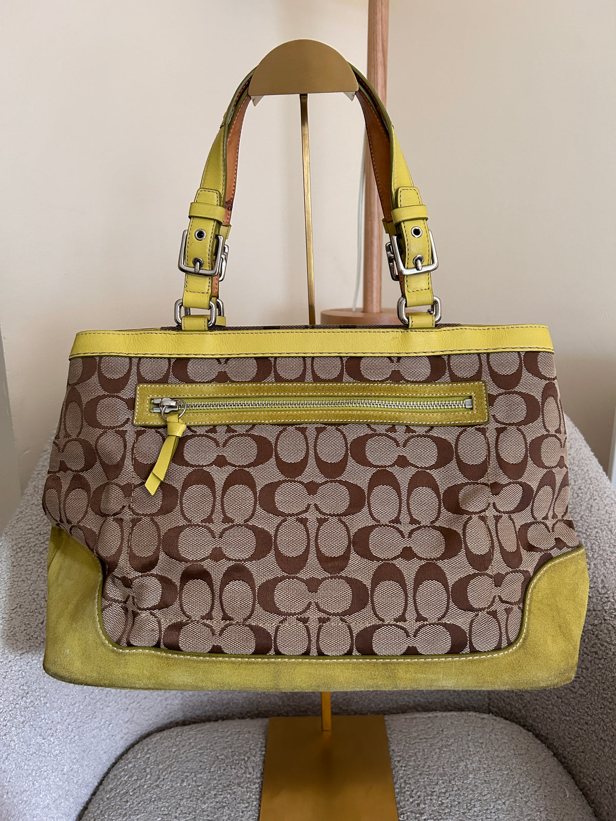 Vintage Coach lime green suede signature monogram shoulder bag