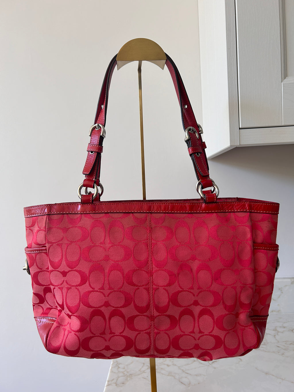 Vintage Coach red monogram tote shoulder bag