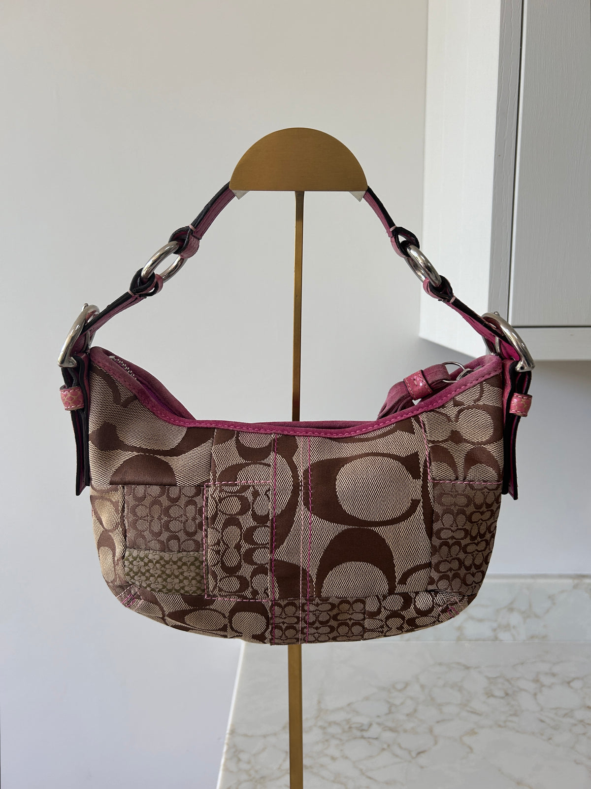 Vintage Coach patchwork and pink suede shoulder bag