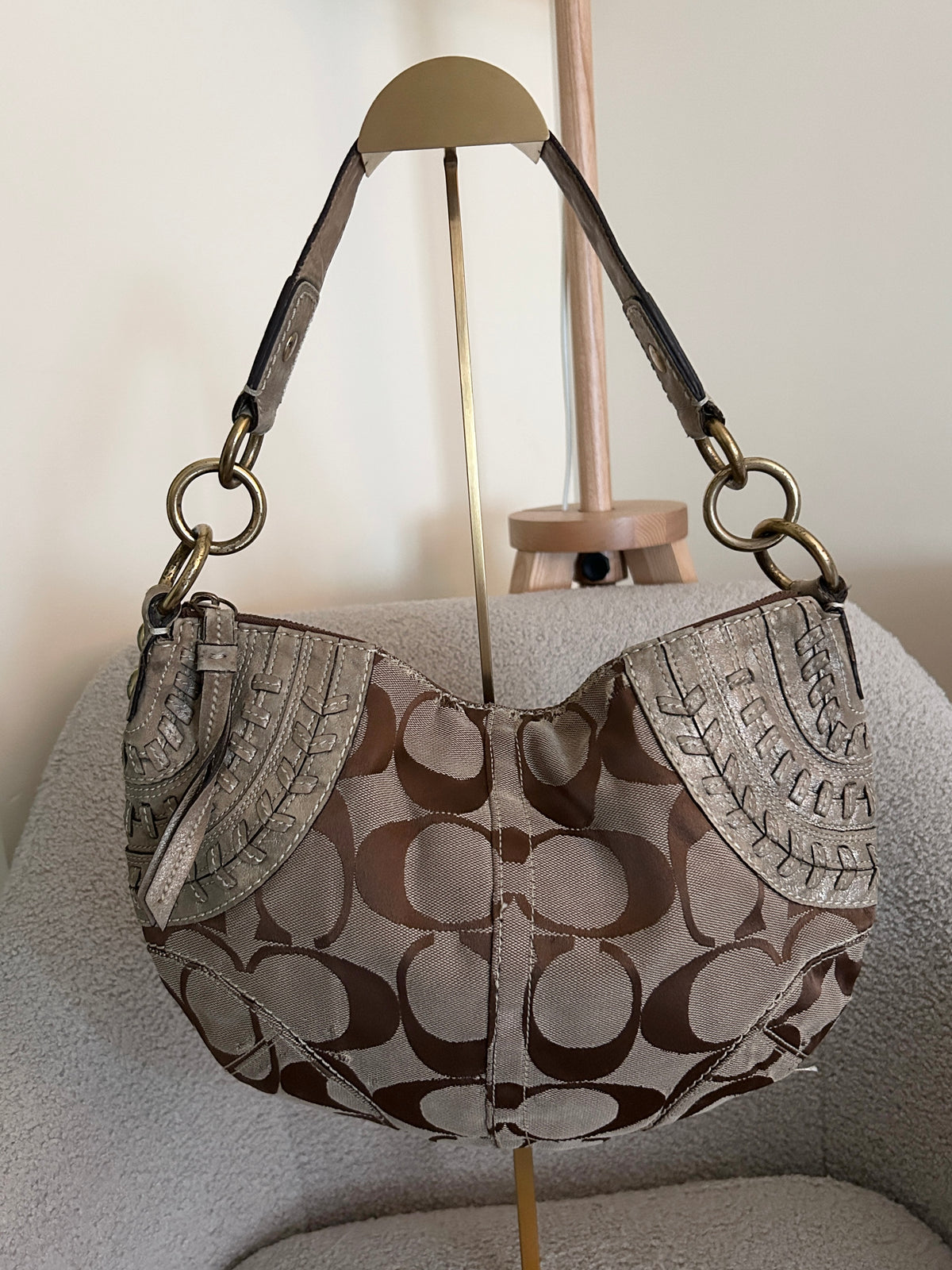 Vintage Coach signature monogram gold leather shoulder bag