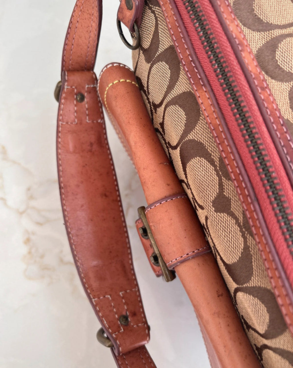 Vintage Coach signature monogram burgundy suede buckle shoulder bag
