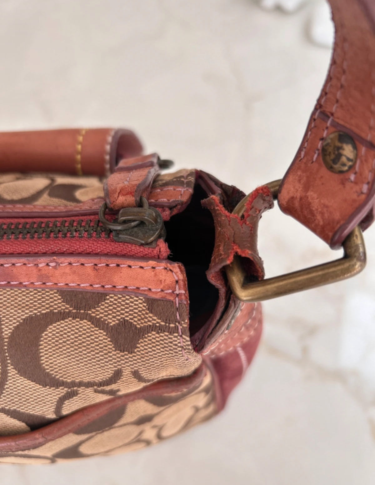 Vintage Coach signature monogram burgundy suede buckle shoulder bag