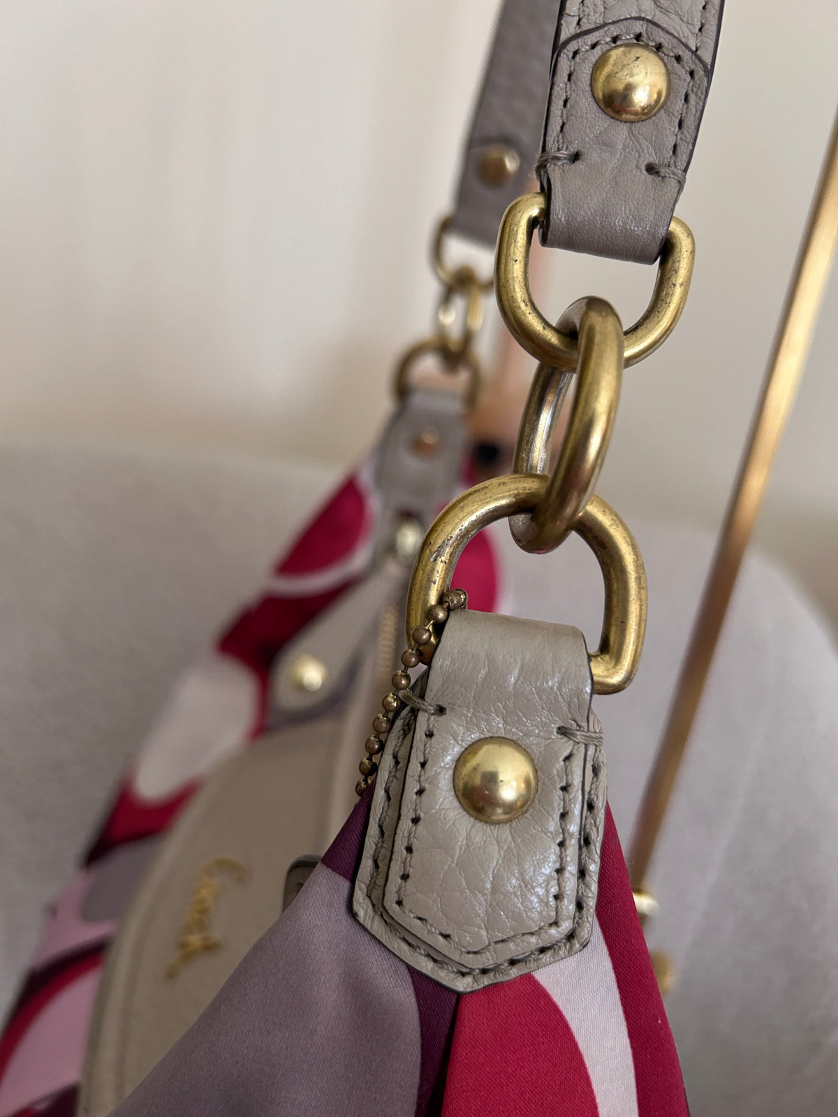 Vintage Coach burgundy and pink monogram shoulder bag