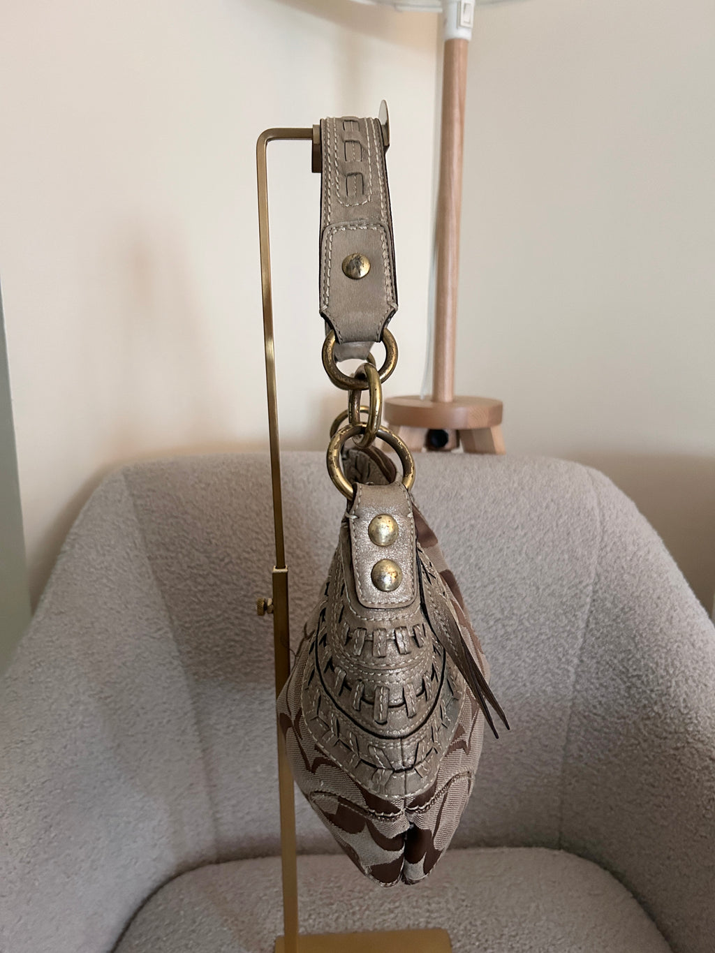 Vintage Coach signature monogram gold leather shoulder bag