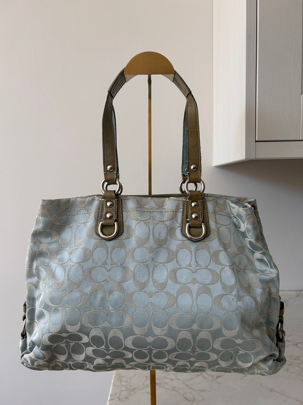 Vintage Coach blue monogram tote shoulder bag