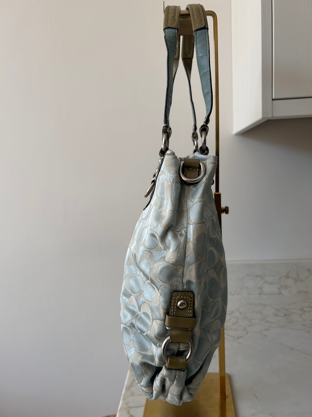 Vintage Coach blue monogram tote shoulder bag