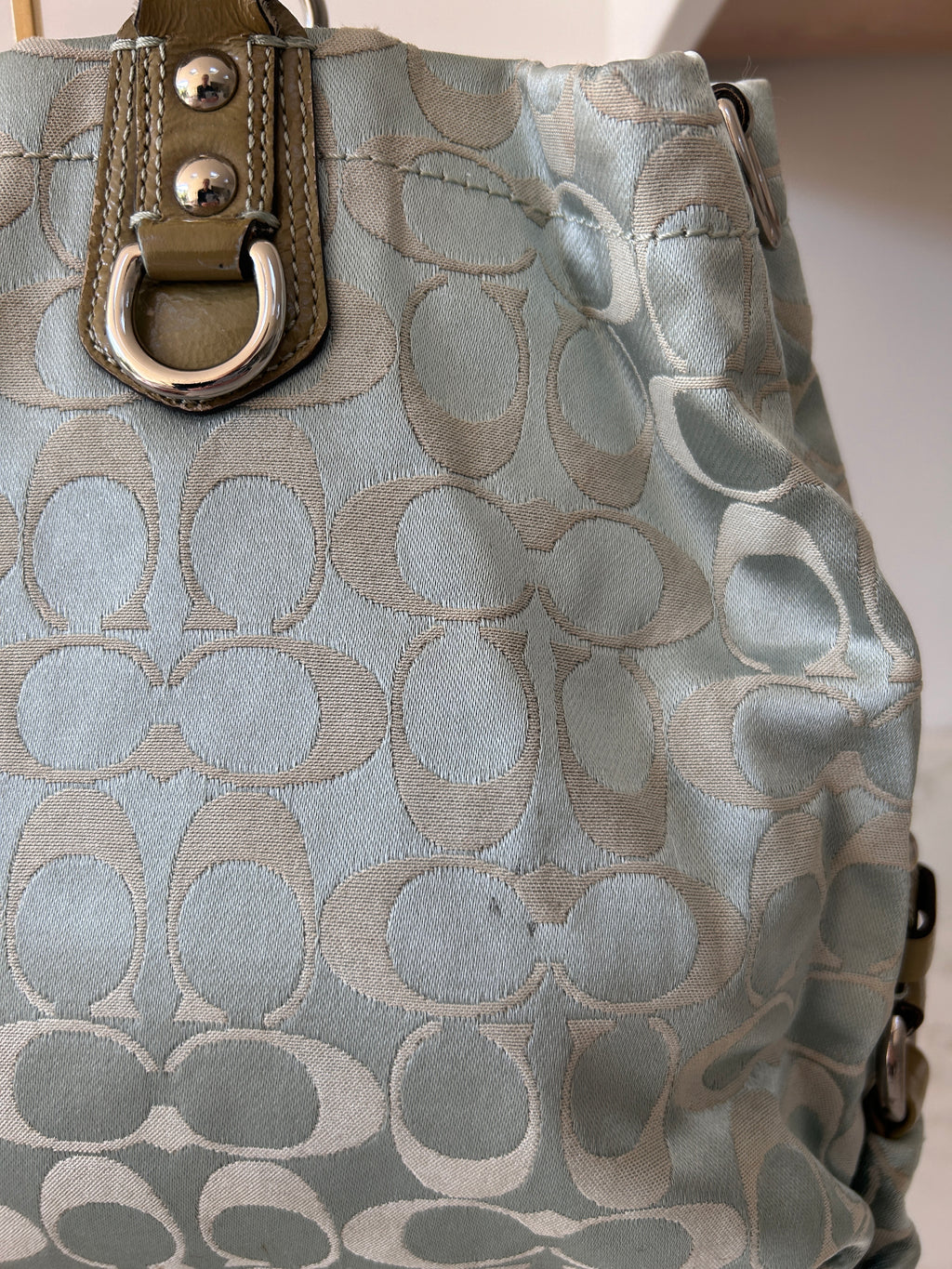Vintage Coach blue monogram tote shoulder bag