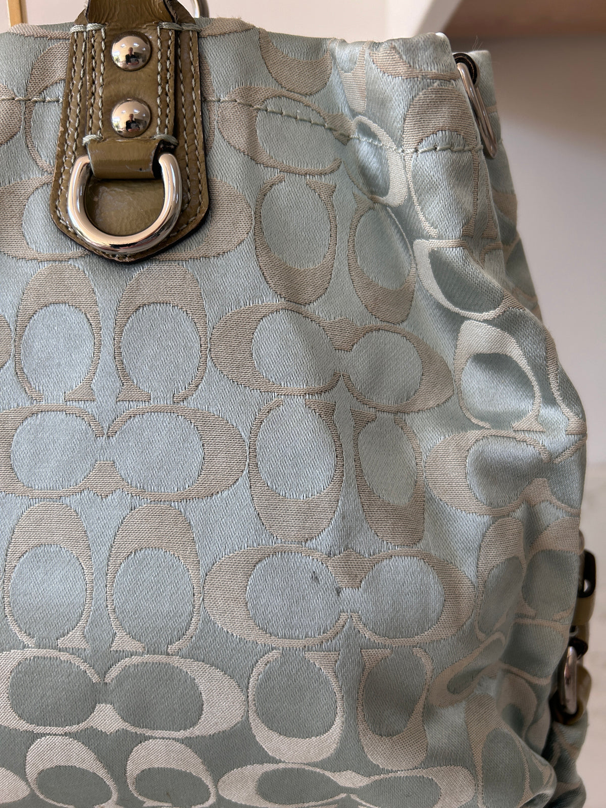 Vintage Coach blue monogram tote shoulder bag
