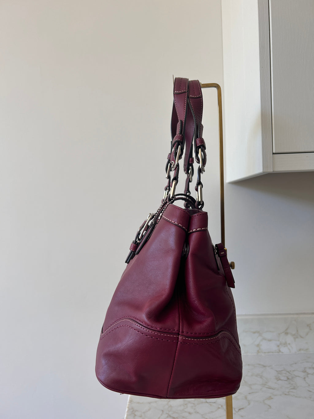 Vintage Coach burgundy leather buckle shoulder bag