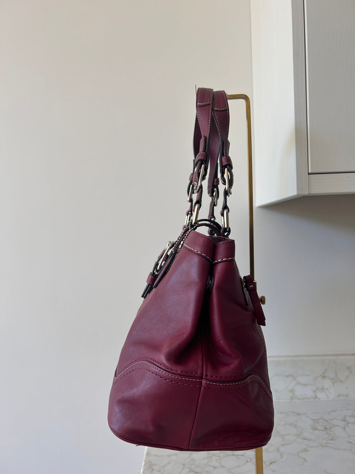 Vintage Coach burgundy leather buckle shoulder bag