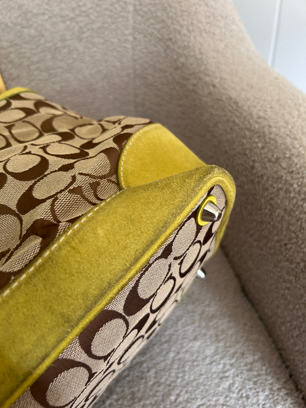 Vintage Coach lime green suede signature monogram shoulder bag