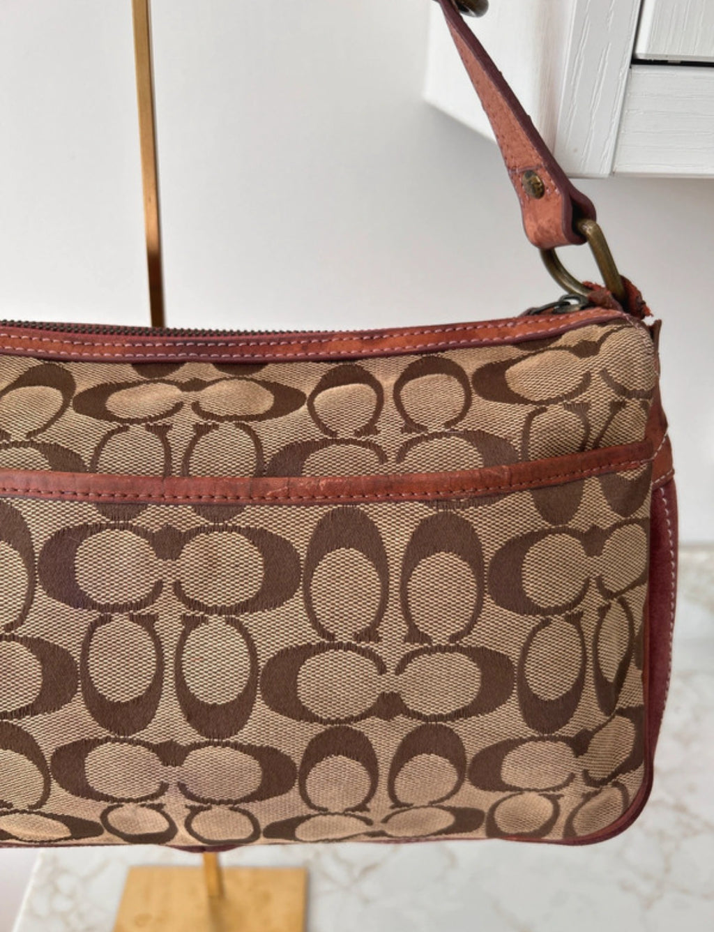Vintage Coach signature monogram burgundy suede buckle shoulder bag