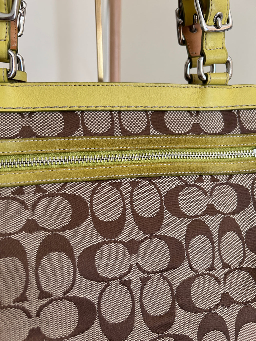 Vintage Coach lime green suede signature monogram shoulder bag