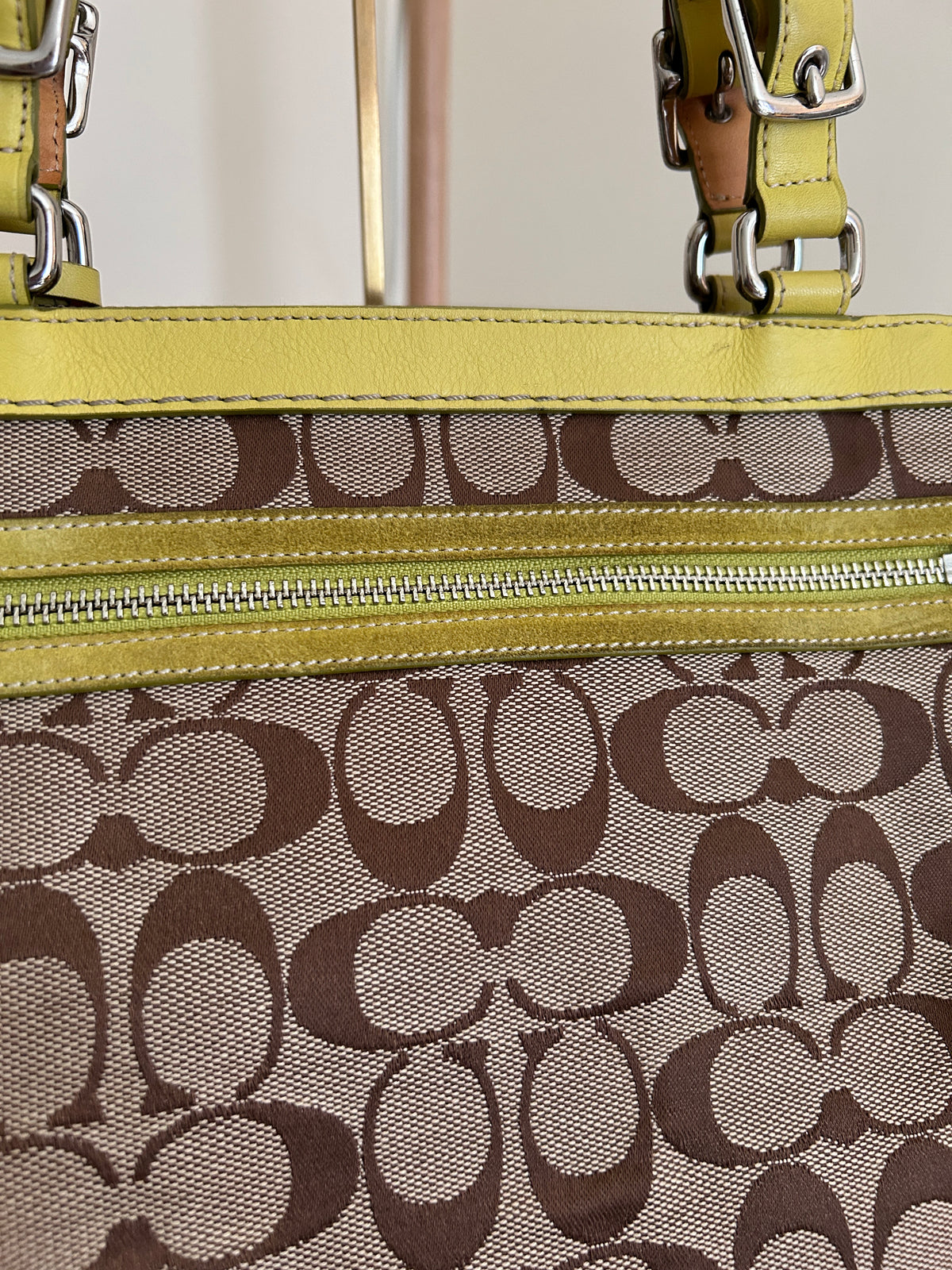 Vintage Coach lime green suede signature monogram shoulder bag