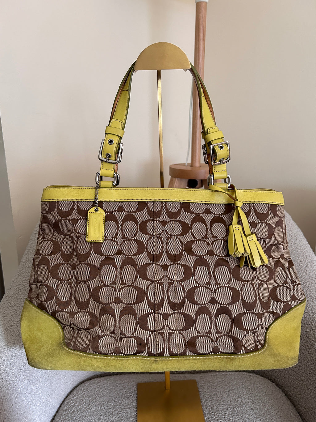 Vintage Coach lime green suede signature monogram shoulder bag