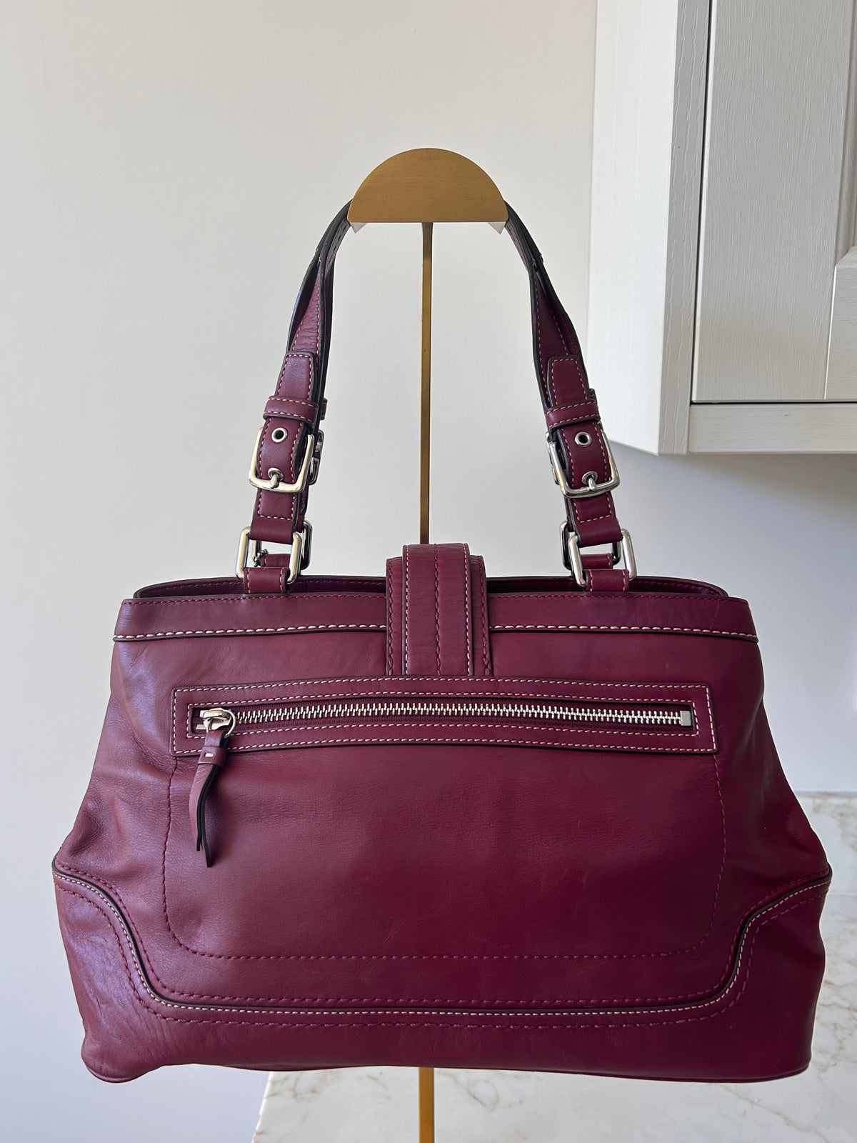 Vintage Coach burgundy leather buckle shoulder bag