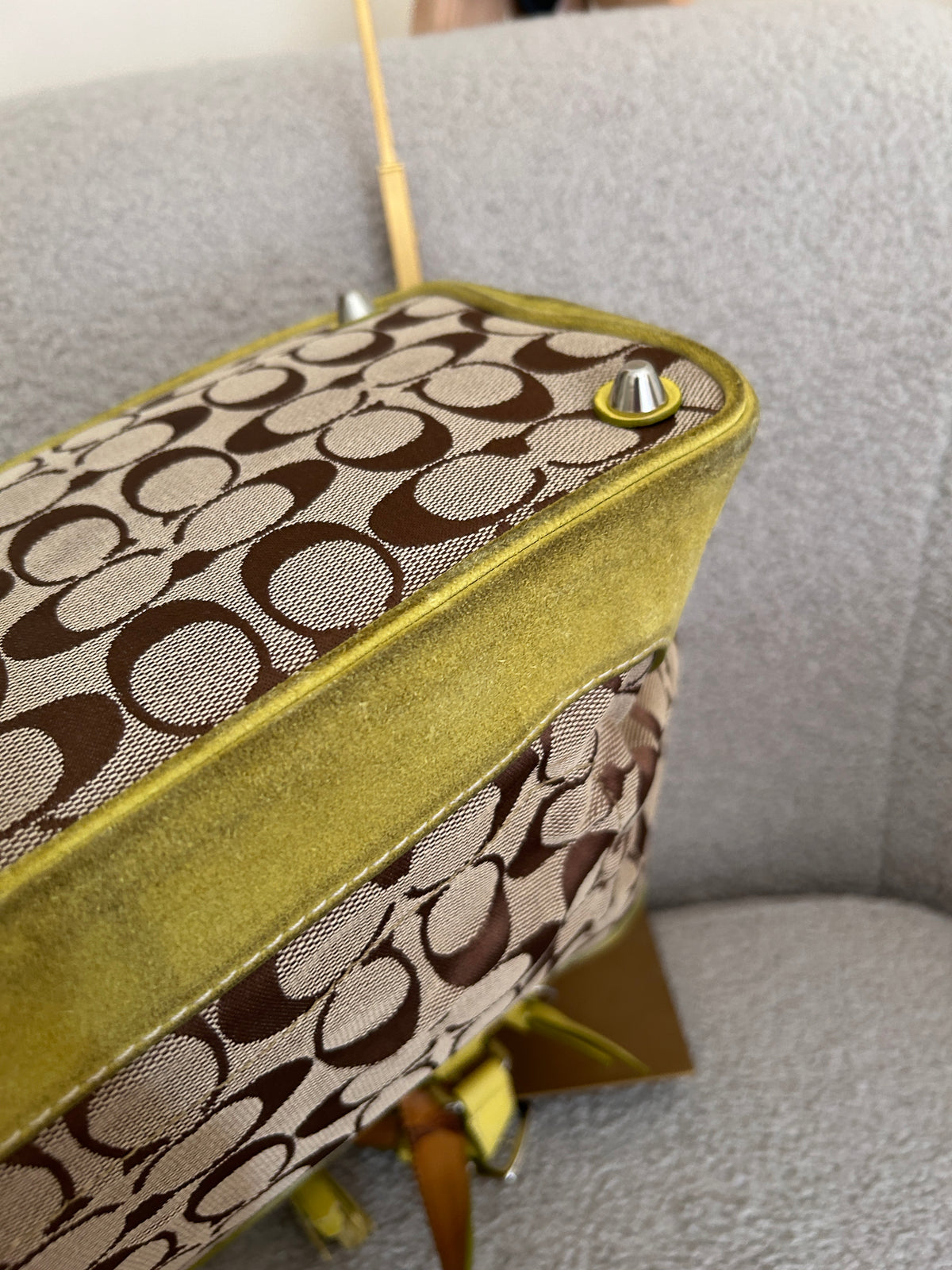Vintage Coach lime green suede signature monogram shoulder bag