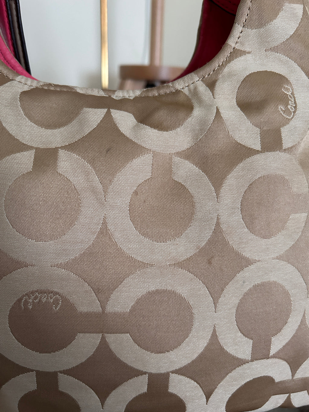 Vintage Coach beige monogram pink leather shoulder bag