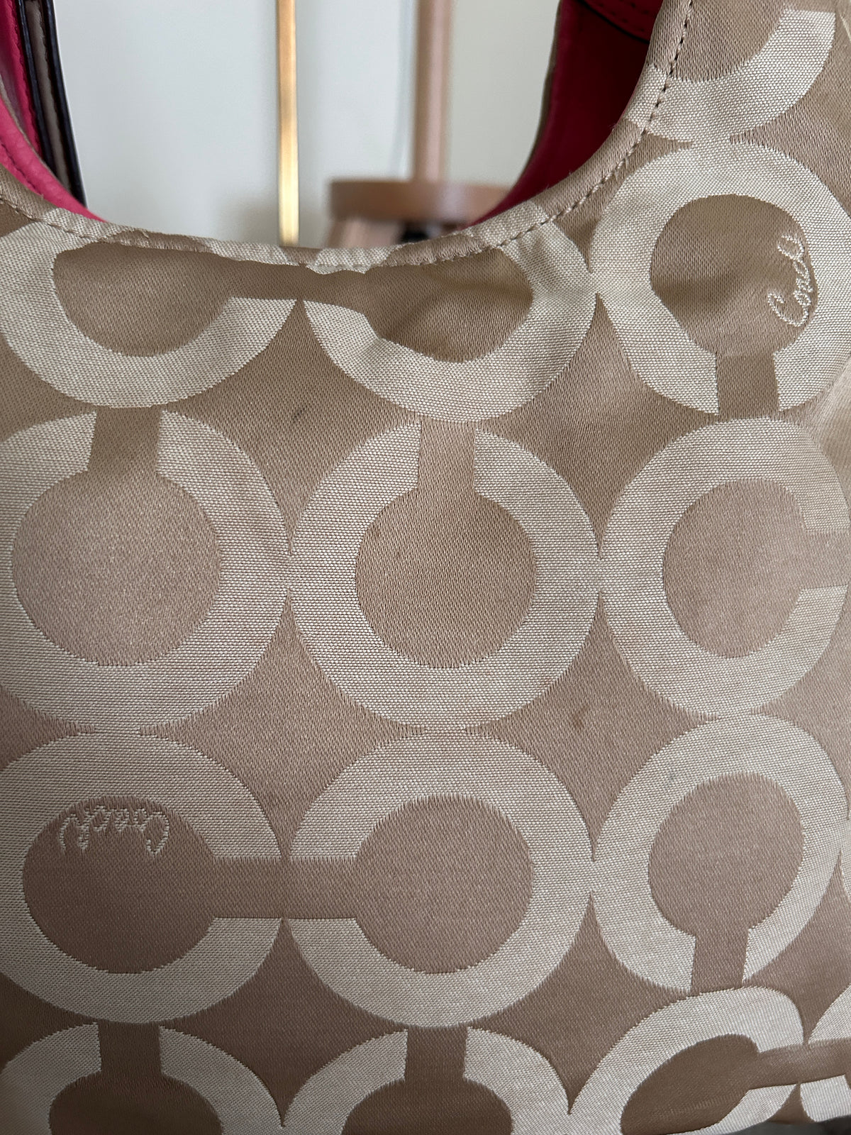 Vintage Coach beige monogram pink leather shoulder bag