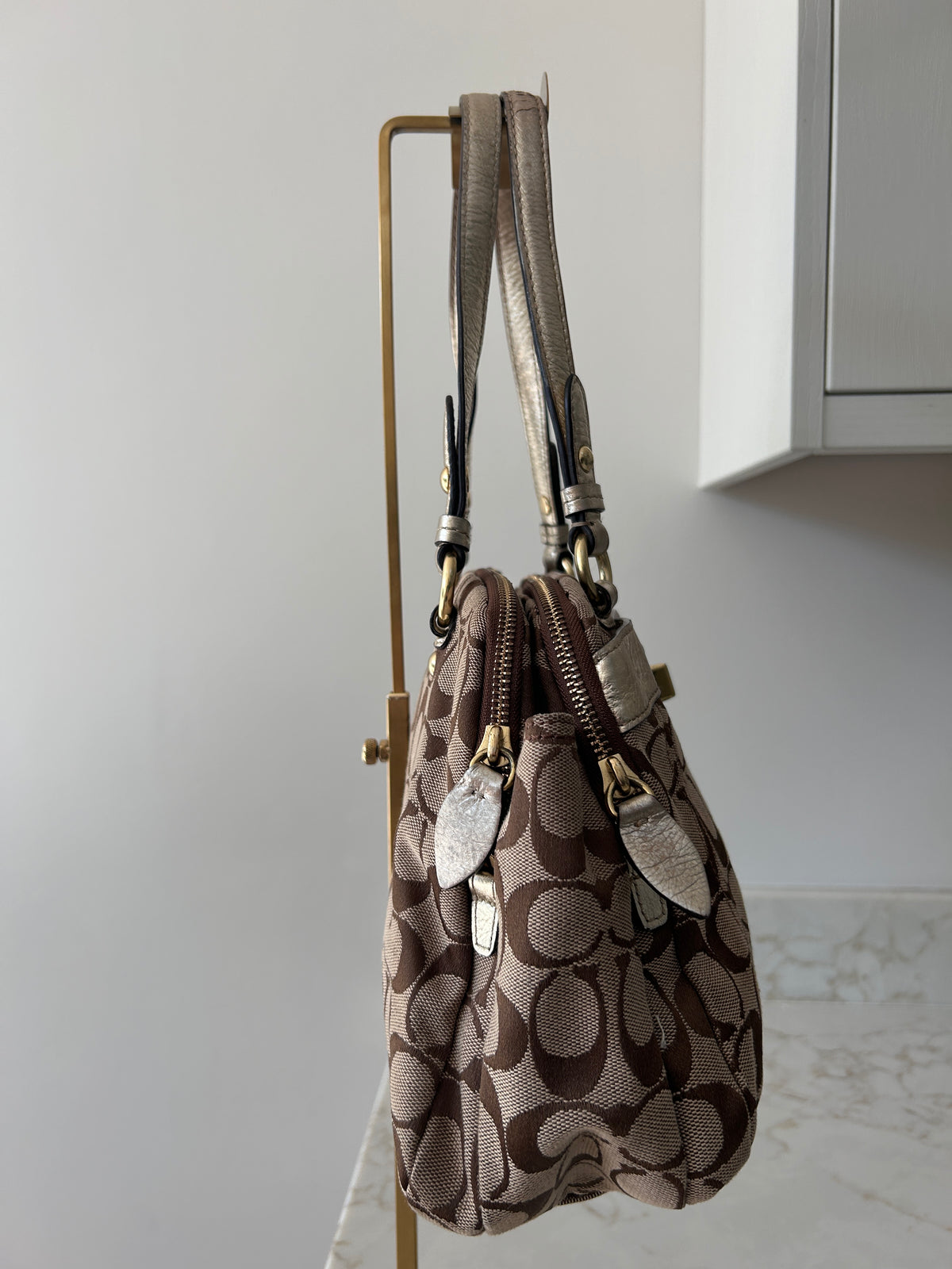 Vintage Coach signature monogram metallic leather shoulder bag