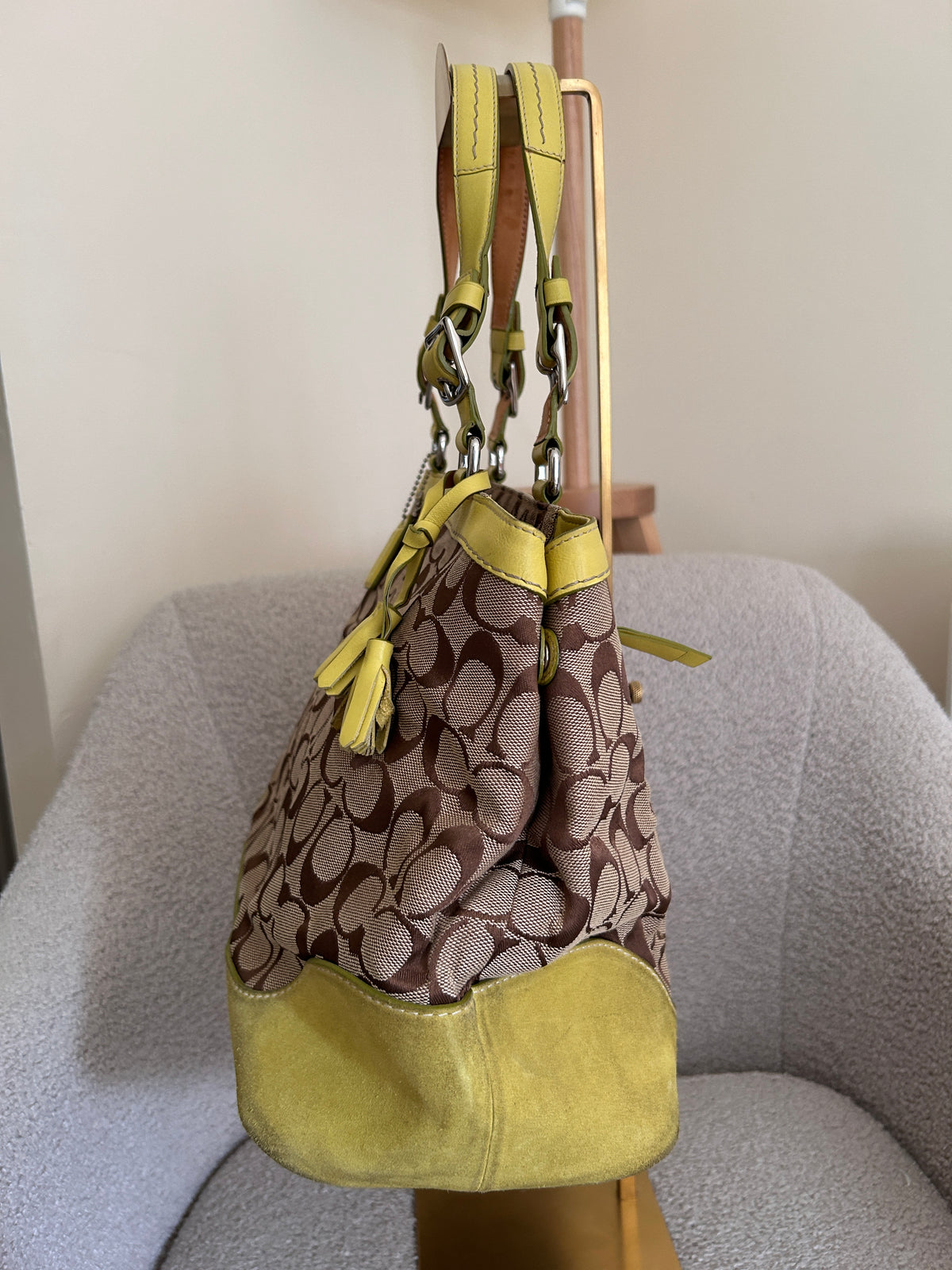 Vintage Coach lime green suede signature monogram shoulder bag