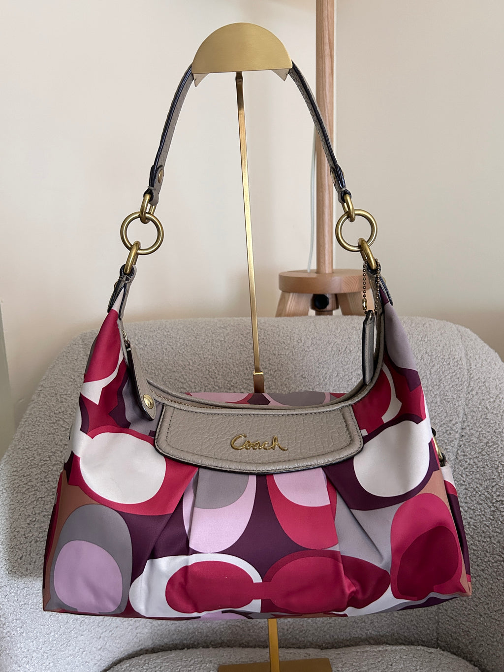 Vintage Coach burgundy and pink monogram shoulder bag