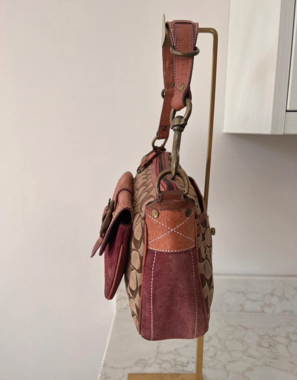 Vintage Coach signature monogram burgundy suede buckle shoulder bag