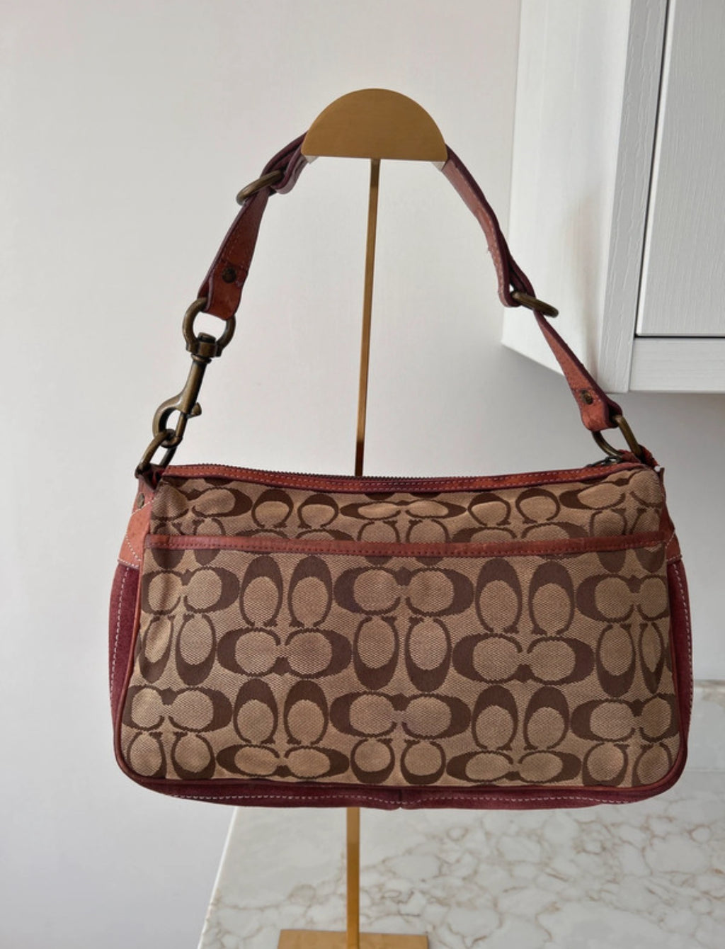 Vintage Coach signature monogram burgundy suede buckle shoulder bag