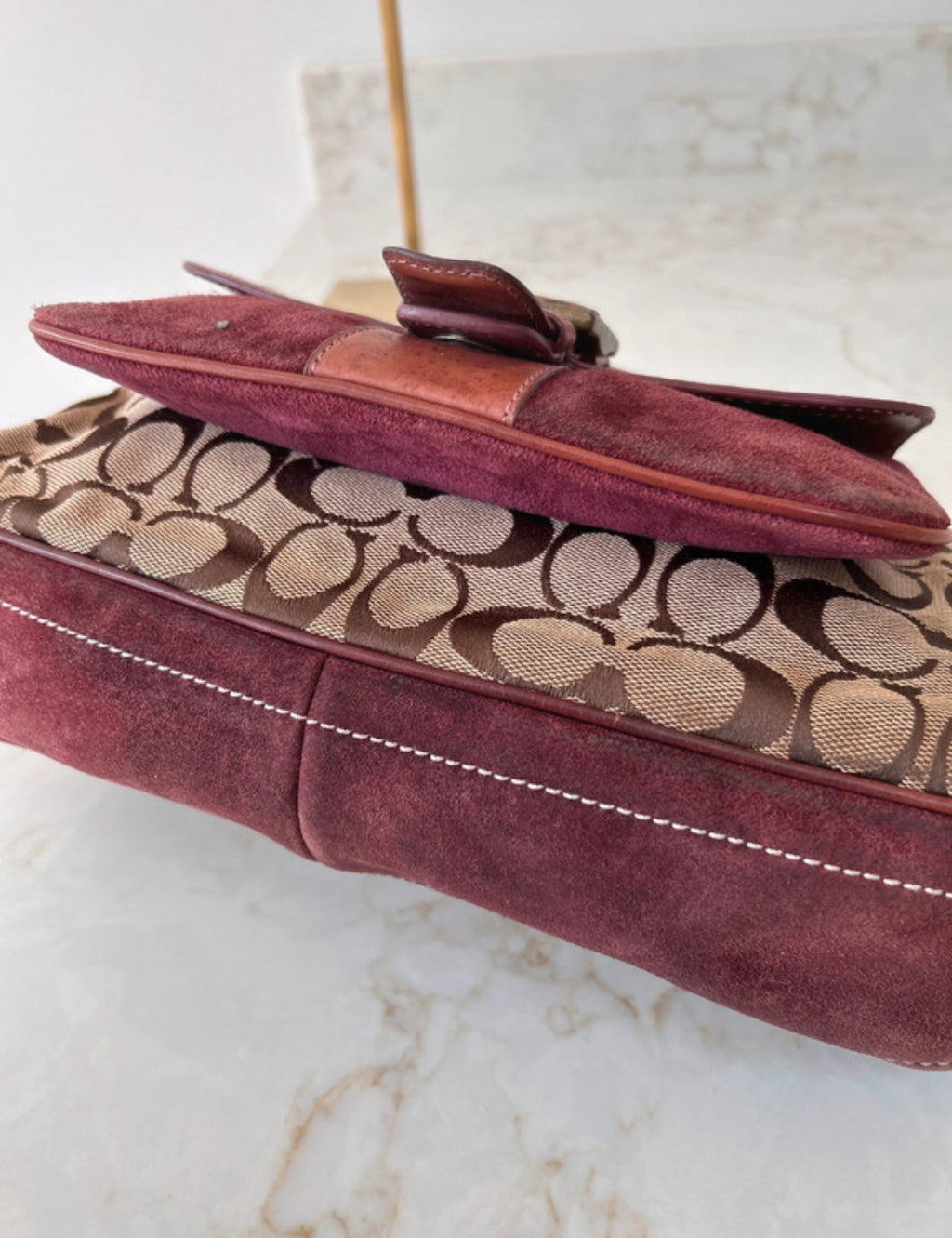 Vintage Coach signature monogram burgundy suede buckle shoulder bag