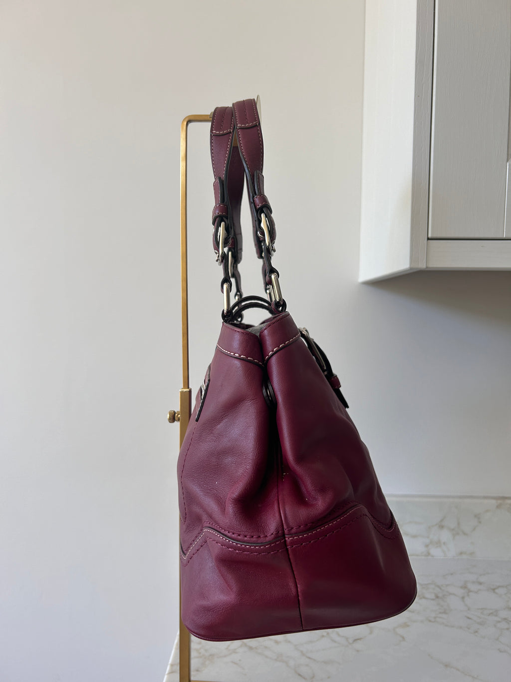 Vintage Coach burgundy leather buckle shoulder bag
