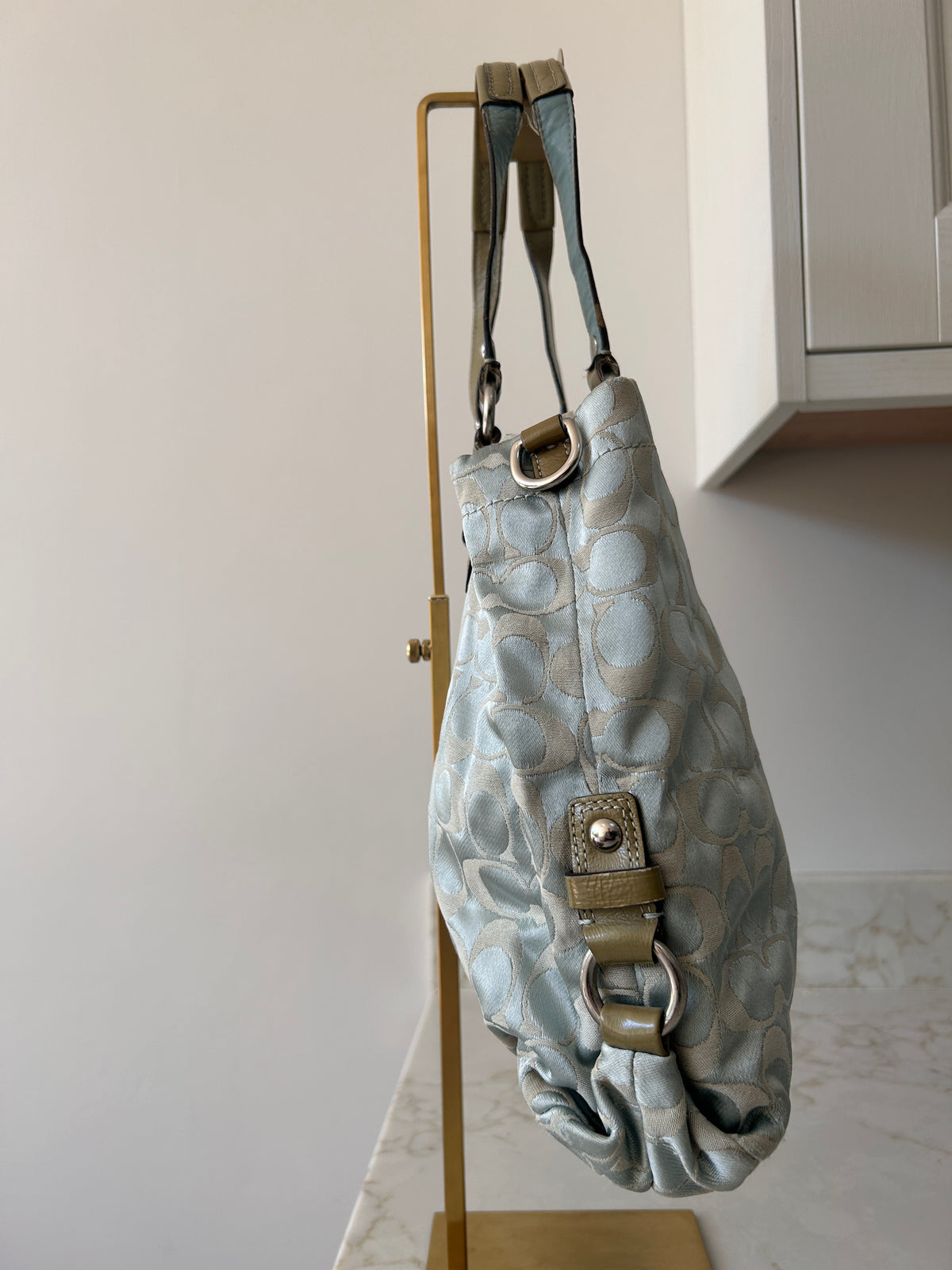 Vintage Coach blue monogram tote shoulder bag