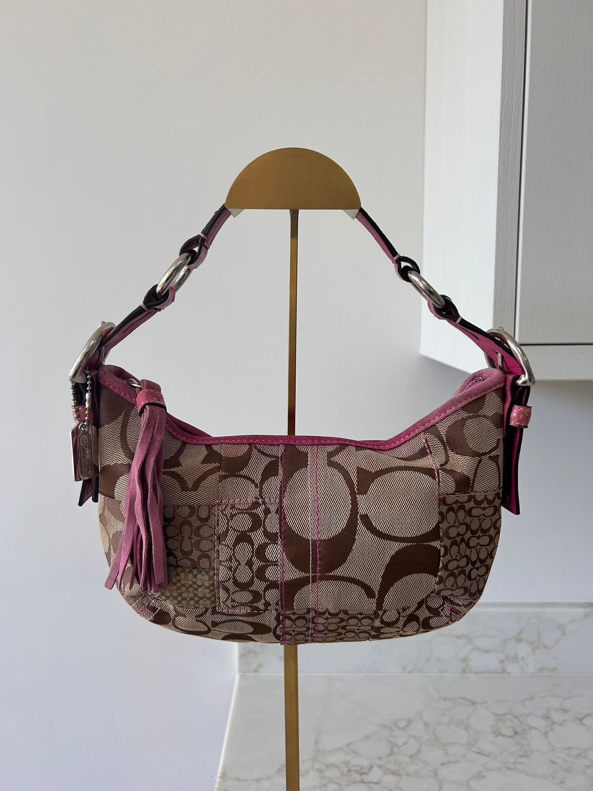 Vintage Coach patchwork and pink suede shoulder bag