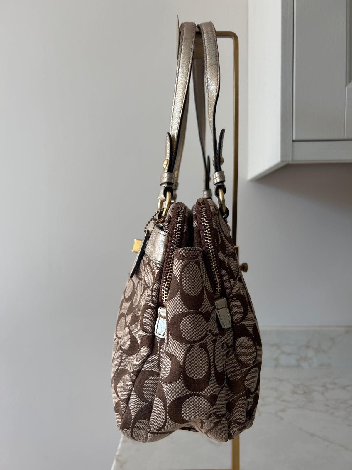 Vintage Coach signature monogram metallic leather shoulder bag