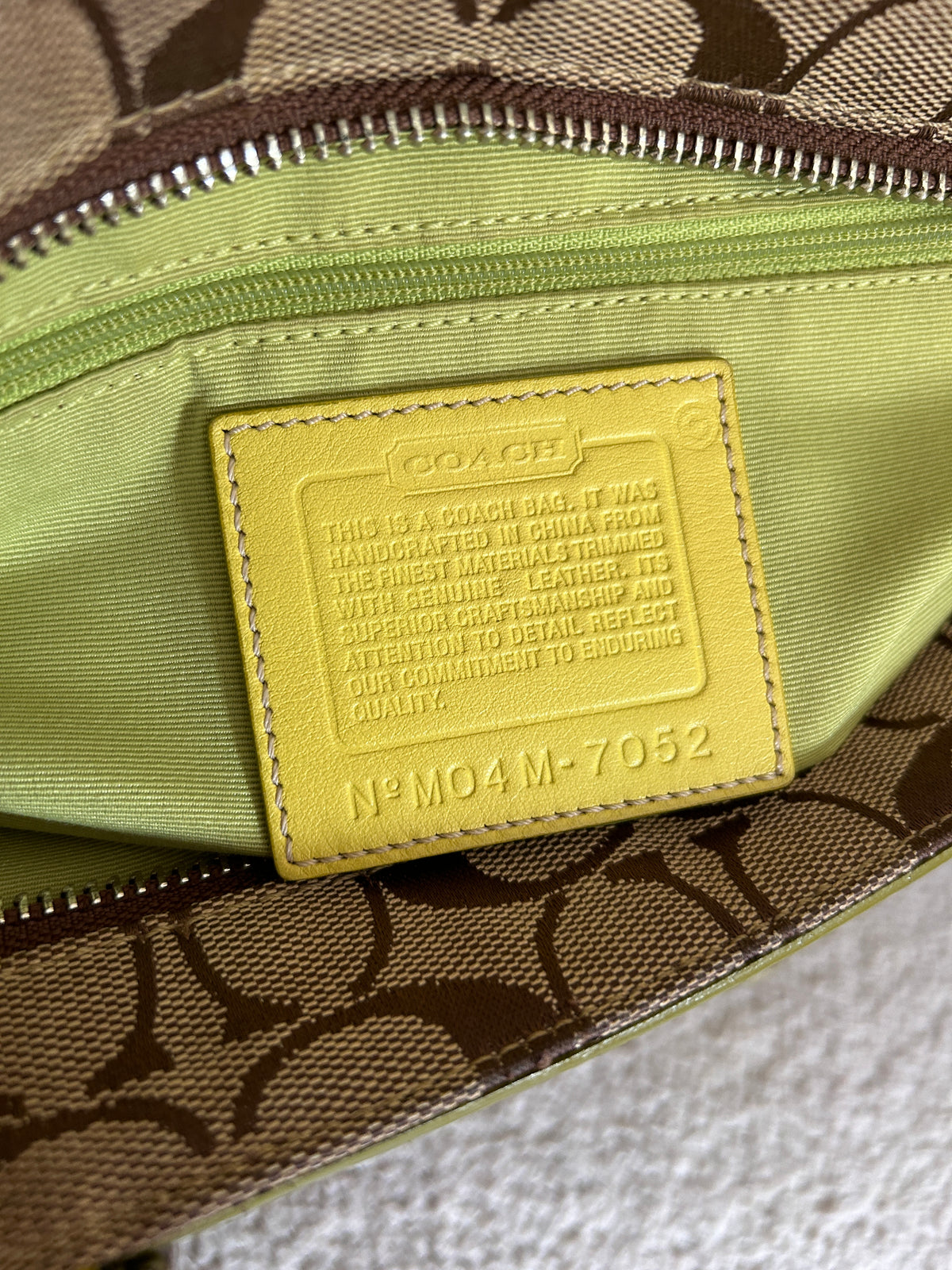 Vintage Coach lime green suede signature monogram shoulder bag