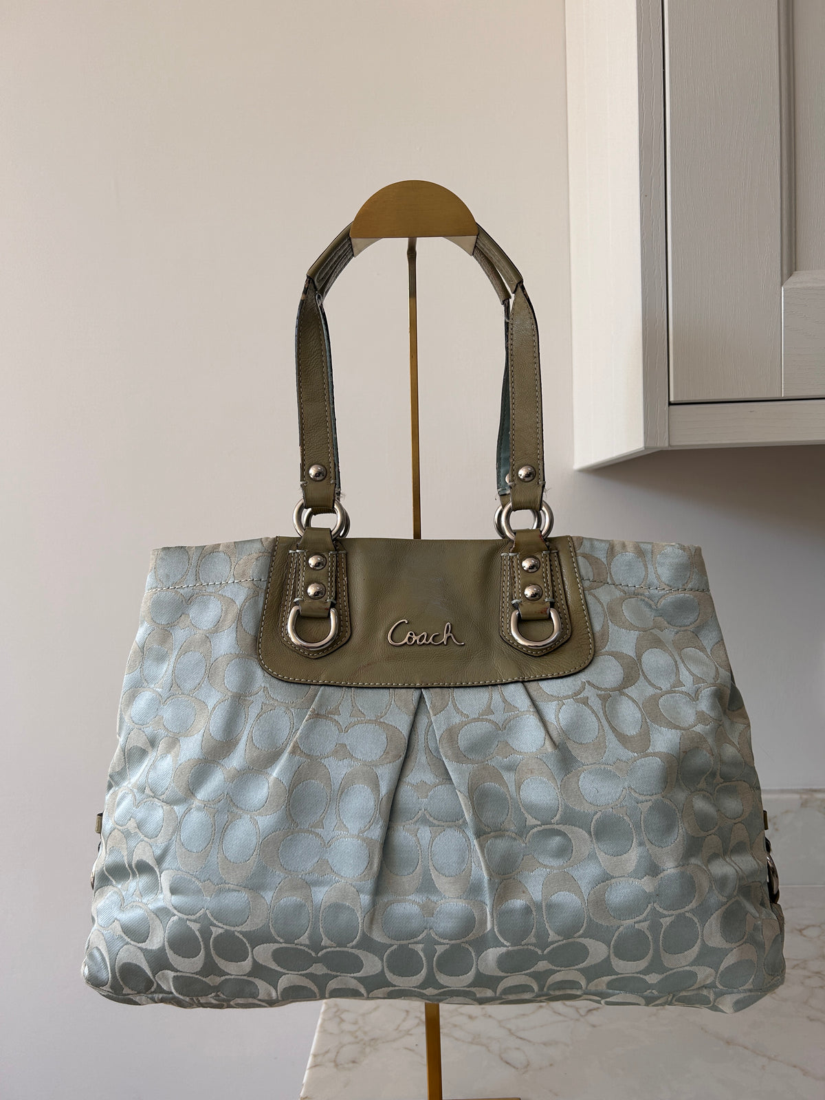 Vintage Coach blue monogram tote shoulder bag