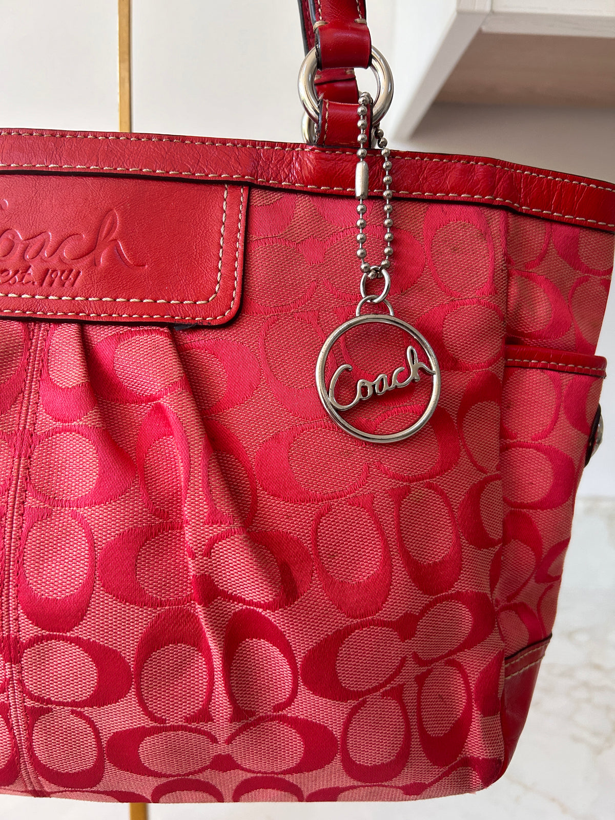 Vintage Coach red monogram tote shoulder bag