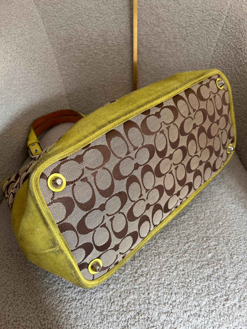 Vintage Coach lime green suede signature monogram shoulder bag