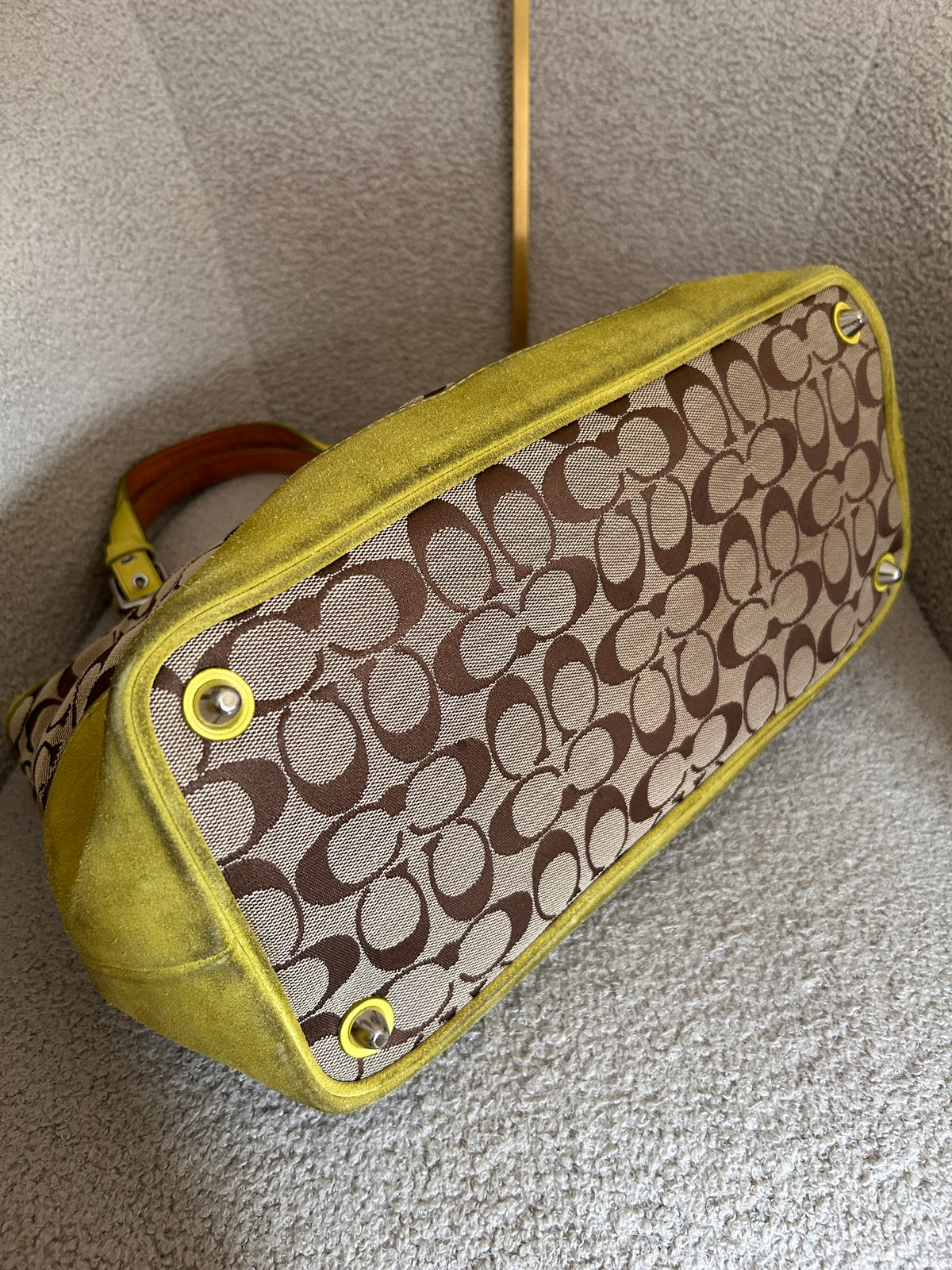 Vintage Coach lime green suede signature monogram shoulder bag
