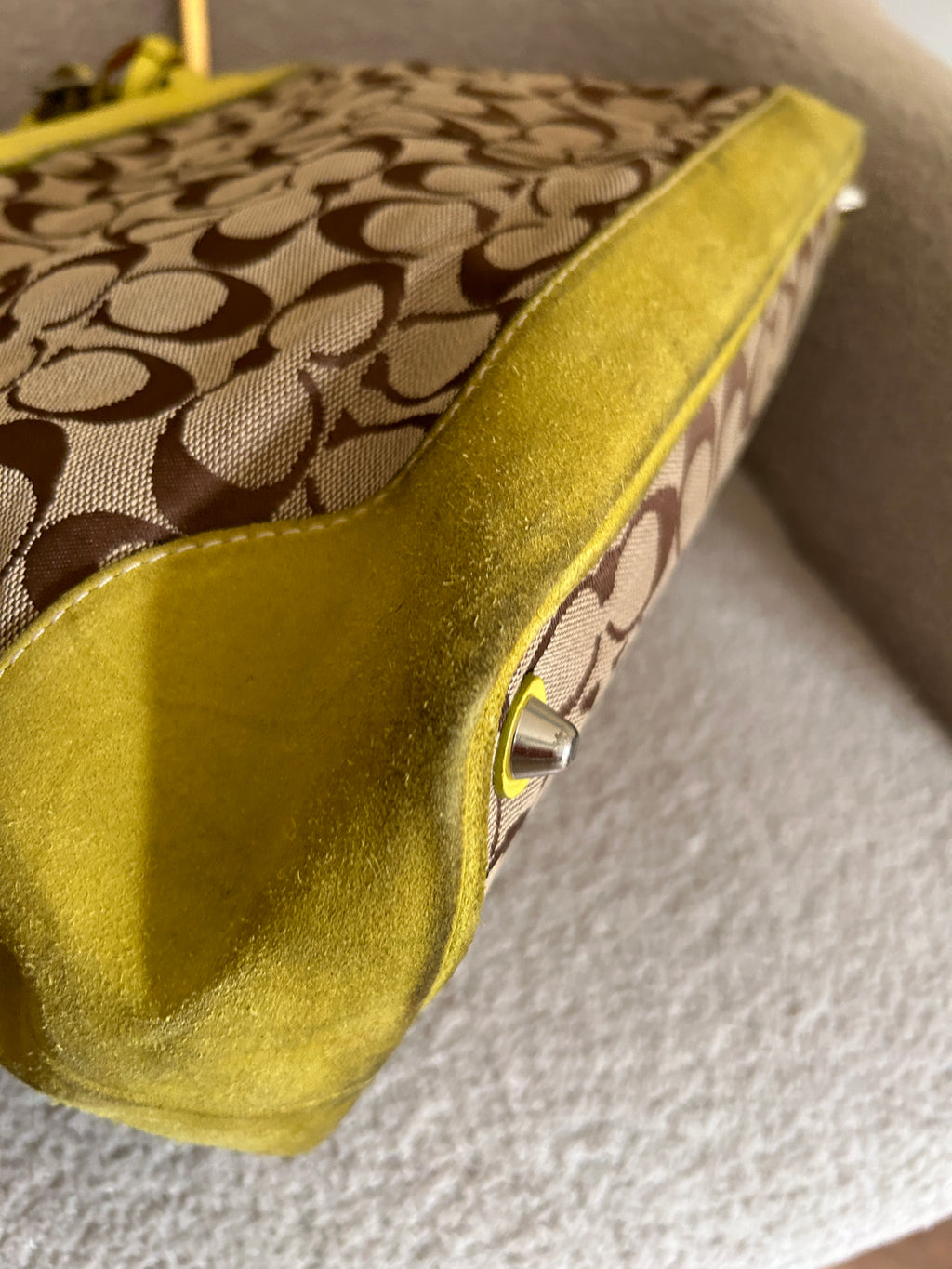 Vintage Coach lime green suede signature monogram shoulder bag