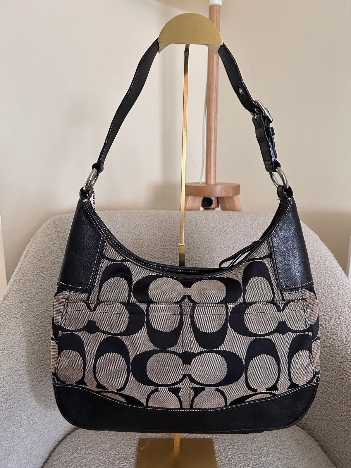 Vintage Coach black monogram clip shoulder bag