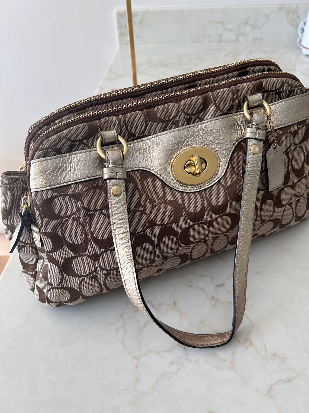 Vintage Coach signature monogram metallic leather shoulder bag