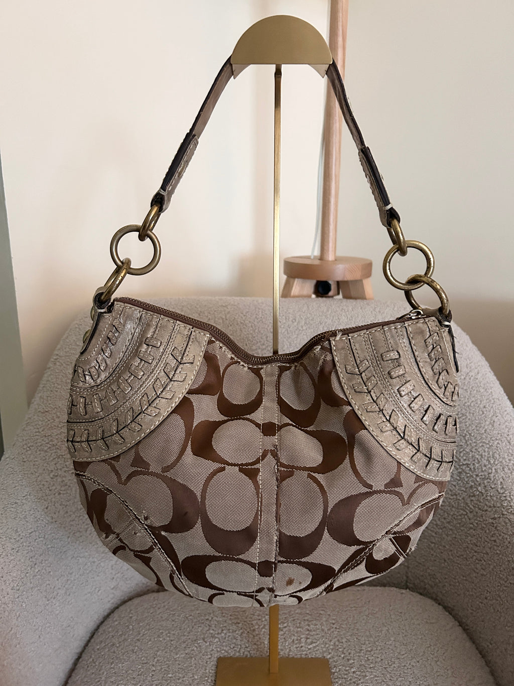 Vintage Coach signature monogram gold leather shoulder bag