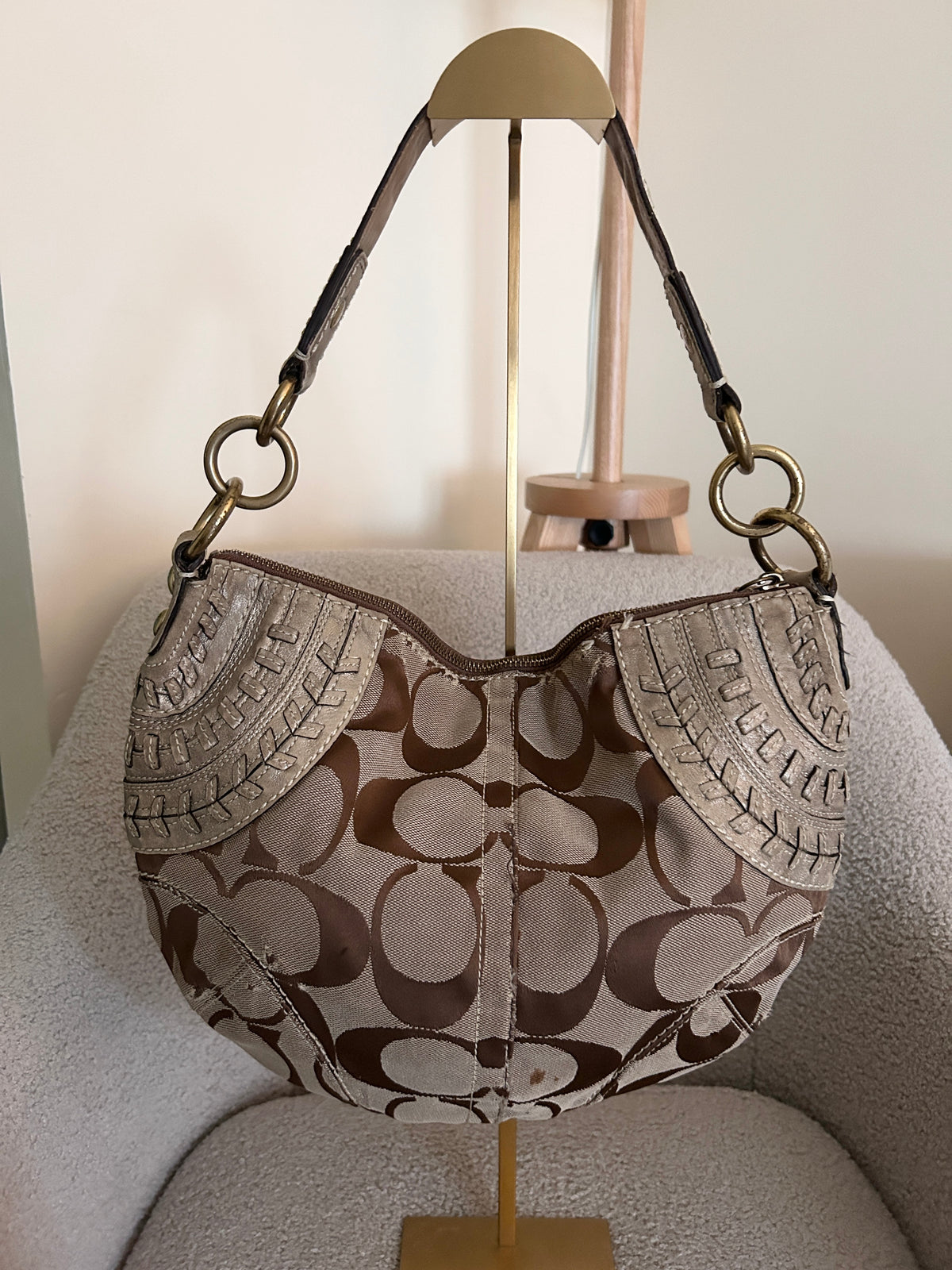 Vintage Coach signature monogram gold leather shoulder bag