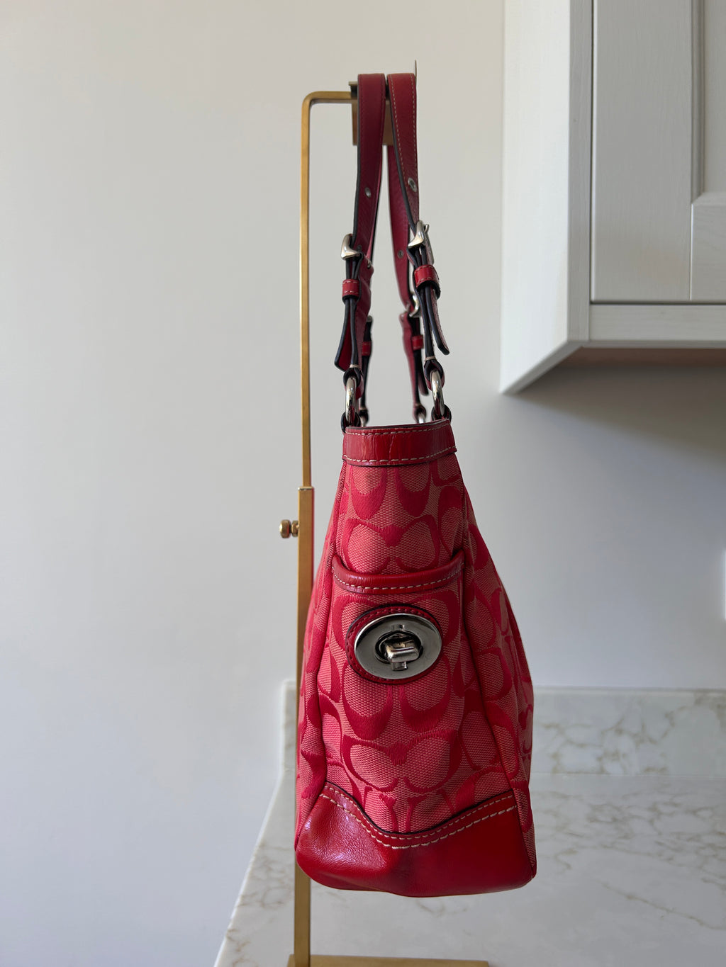 Vintage Coach red monogram tote shoulder bag