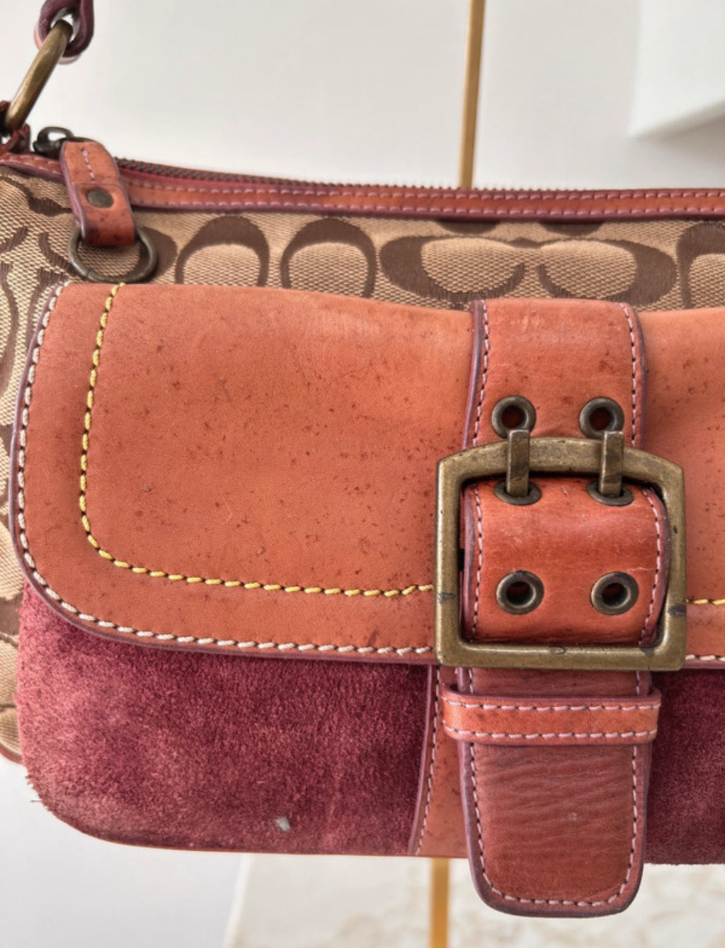 Vintage Coach signature monogram burgundy suede buckle shoulder bag