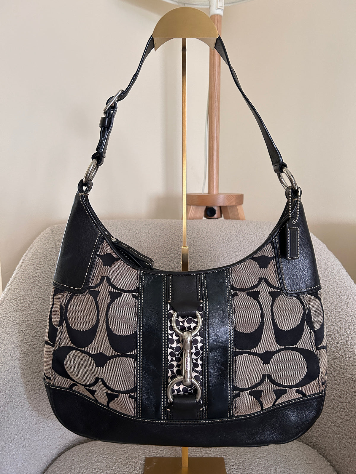 Vintage Coach black monogram clip shoulder bag