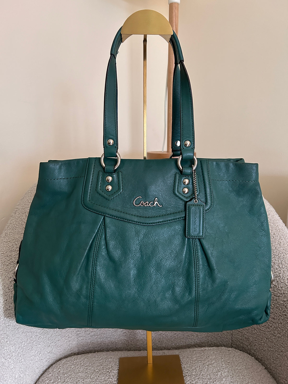 Vintage Coach green leather tote shoulder bag