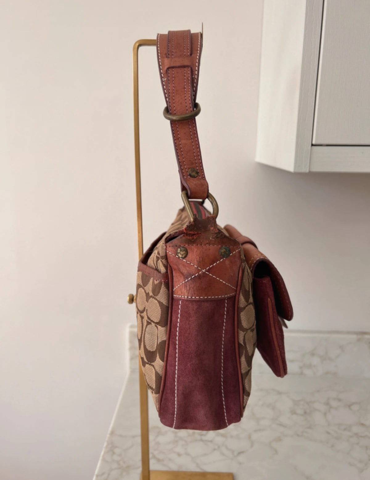 Vintage Coach signature monogram burgundy suede buckle shoulder bag