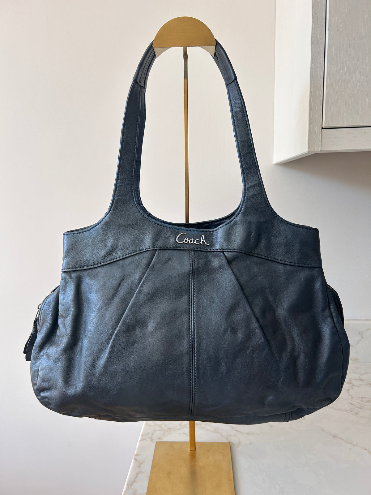 Vintage Coach blue metallic leather tote shoulder bag