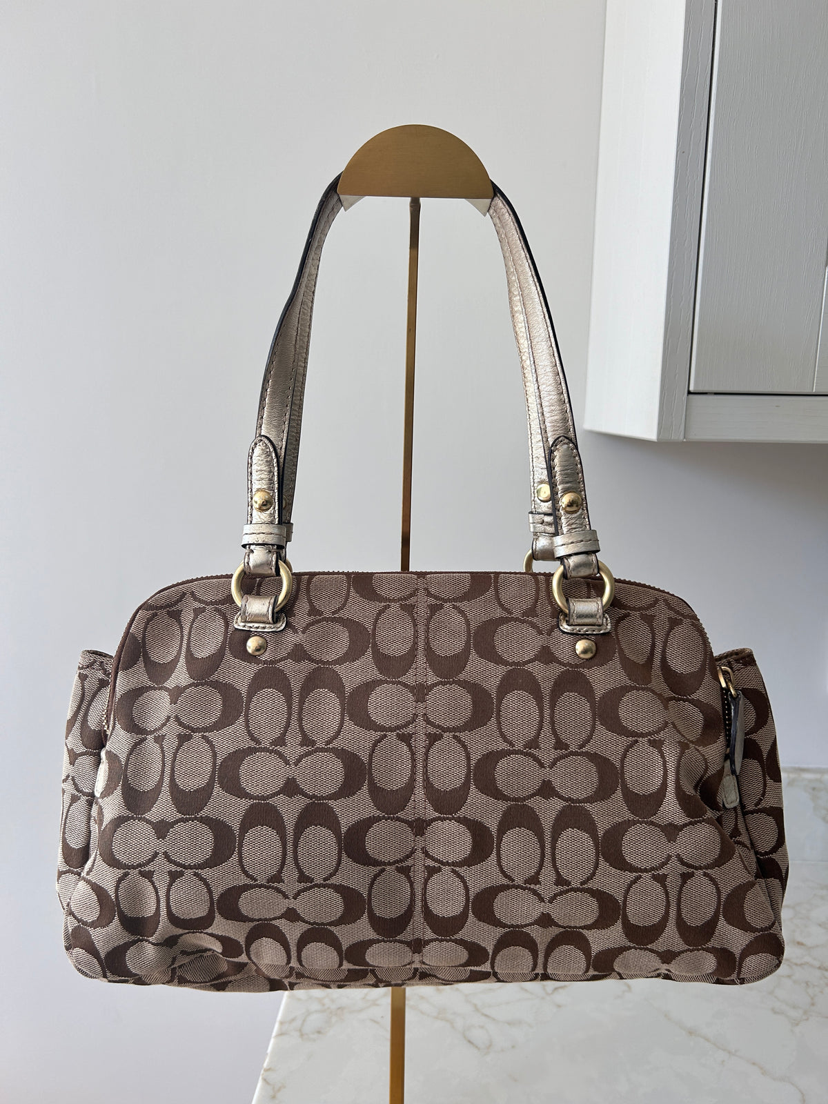 Vintage Coach signature monogram metallic leather shoulder bag